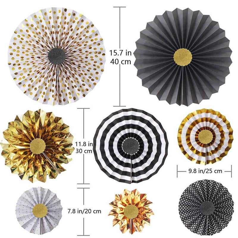 Hola Fiesta,Gold Black Paper Fans Flower for Halloween Party Decorations,black2,Set of 8 - Image 2